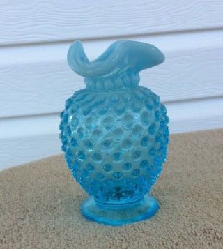 Fenton Glass Blue Hobnail Opalescent Ruffled Vase 3 5/8” Tall