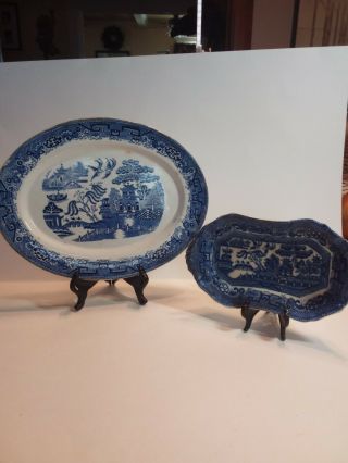 Antique Britannia Blue Willow Serving Platter / Allerton Butter Dish