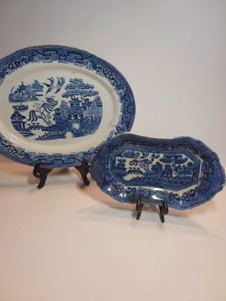 Antique Britannia Blue Willow Serving Platter / Allerton Butter dish 2