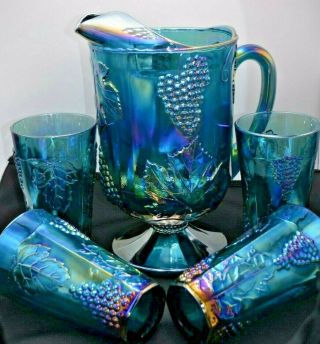 Vintage Indiana Carnival Glass Harvest Grape Blue Iridescent Pitcher & 4 Glasses
