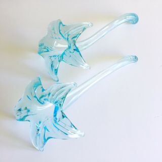 Vtg Mid Century Aqua Stem Flower Crystal Hand Blown Glass Trumpet Vase Murano