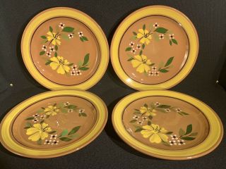 Vtg Stangl Pottery Hand Painted Red Stoneware Dinner Plates (4) “yellow Flowers”