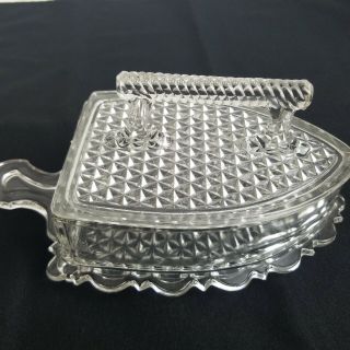 Vintage 40s Glass Iron Candy Butter Dish Lid L G Wright Clear Pressed Footed