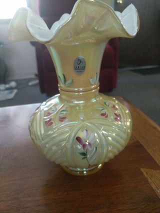 Fenton Gold Hand Painted Vase With Fluted Top 8 "