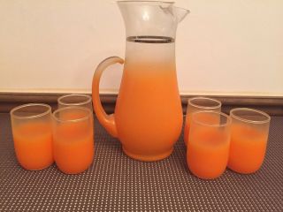 Wv Blended Orange Juice Set (6) Glass Tumblers 3 3/4 " (1) Pitcher 9 1/4 " Tall