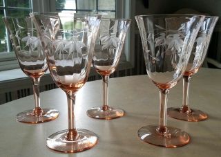 5 Vintage Tiffin Franciscan Pink Optic Water Floral Cut Goblets 6.  5 " Glasses
