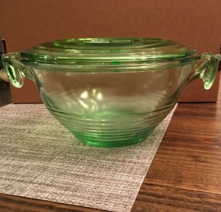 Vintage Green Depression Glass Mixing Bowl With Lid,  Double Handle,  Double Spout