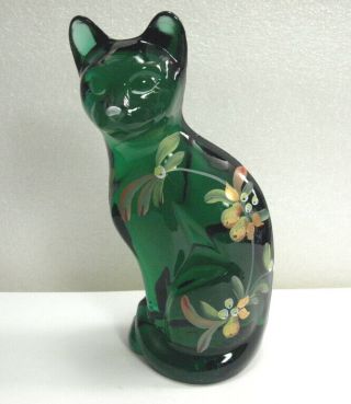 Fenton Art Stylized Dark Green Cat Handpainted W/flowers - Signed