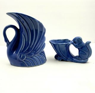 Niloak Art Nouveau Blue Swan Squirrel Vases Vintage Collectible Pottery 1910 - 40s