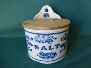 Antique Wall Hanging Stoneware Blue Decorated Salt Box With Wooden Cover