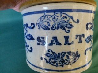 Antique Wall Hanging Stoneware Blue Decorated Salt Box with Wooden Cover 2