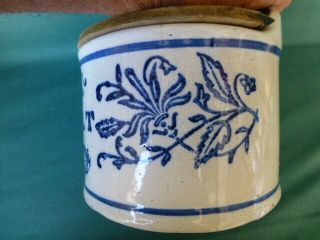 Antique Wall Hanging Stoneware Blue Decorated Salt Box with Wooden Cover 3