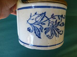 Antique Wall Hanging Stoneware Blue Decorated Salt Box with Wooden Cover 5