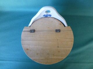 Antique Wall Hanging Stoneware Blue Decorated Salt Box with Wooden Cover 6