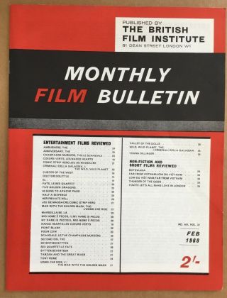 Monthly Film Bulletin February 1968 Vintage Issue Bfi Point Blank Valley Dolls