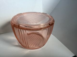 Pink Depression Round Refrigerator Dish Federal Glass Lid 4 3/4” Rare