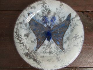 Vintage Edwin Walter Fused Art Glass Small Plate - Dish W/ Butterfly - Signed