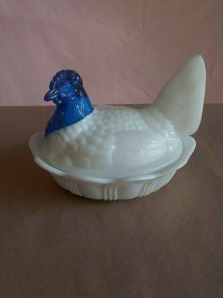 Fenton Art Glass Milk Glass Covered Chicken / Hen On Nest With Cobalt Head