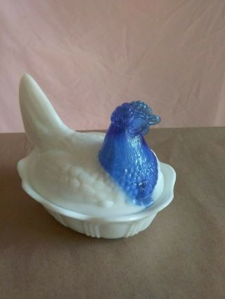 Fenton Art Glass Milk Glass Covered Chicken / Hen On Nest With Cobalt Head 2