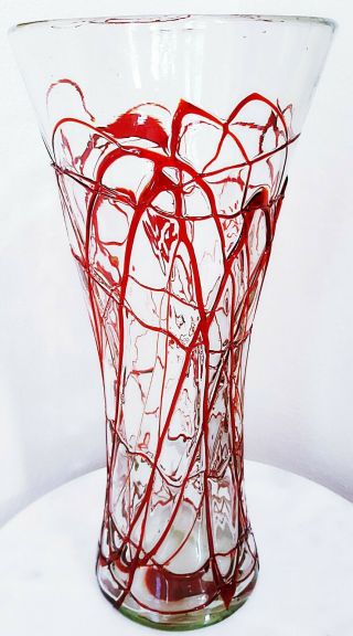 Large Hand Crafted Studio Art Glass Vase Clear With Red Applied String 14 " Tall