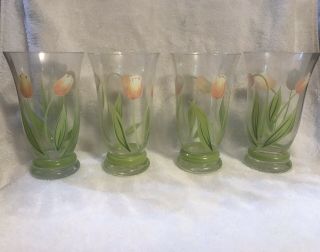 Set 8 Princess House Cottage Tulip Hand Painted Footed Glass Tumblers