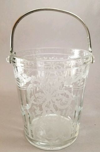 Vintage Fostoria June (clear) Glass Ice Bucket 6 " Etched Bows Detachable Handle