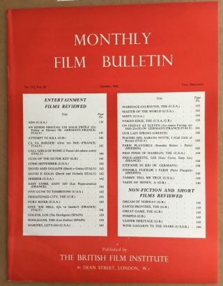 Monthly Film Bulletin October 1961 Vintage Issue Bfi Naked Edge Fury River Ada