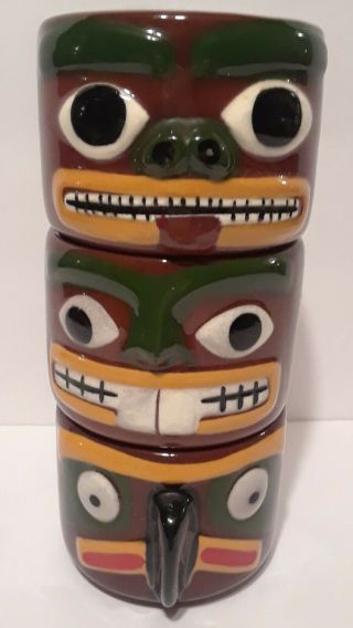 3 Blaisdell Pottery Totem Pole Stackable Mugs Tiki Redware Cup Mcm Vintage Green