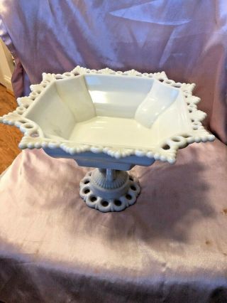 Vintage White Milk Glass Lace Edge Pedestal Footed Candy Dish Compote Bowl.