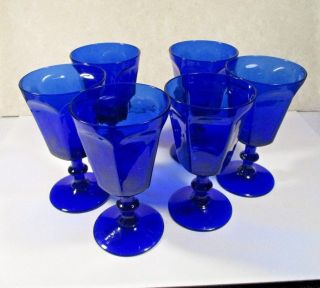 Set 6 Blue Cobalt Glass Goblet Hexagon Flat Sides 5 " Tall 3 " Across 5 Oz.  ᵗ T3