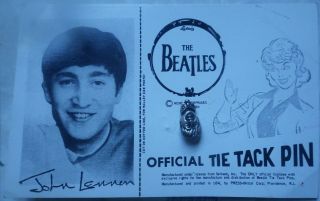 The Beatles 1964 John Lennon Tie Tack Pin W/ Backing Card Seltaeb Vintage