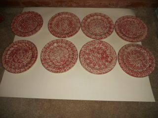 Set Of 8 Henn Pottery Red Spongeware Salad Dessert Plates 7 1/2 " Round