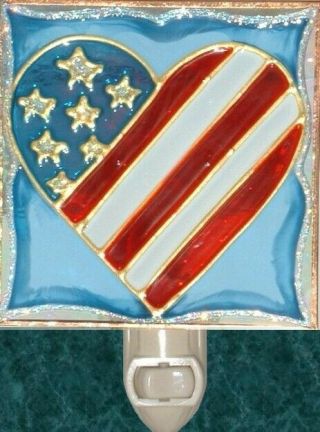Patriotic American Flag Heart Night Light Stain Art Glass USA Decor Gift 2