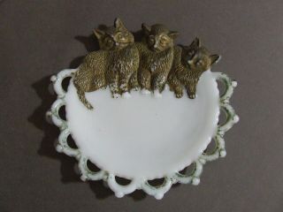 Vintage Westmoreland Painted White Milk Glass 3 Kitten Cat Trio Lace Edge Plate