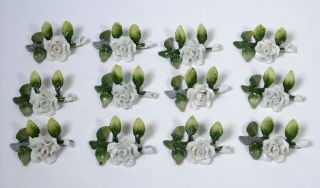 12 Vintage Porcelain Table Name Place Card Holders White Roses Germany Exclnt