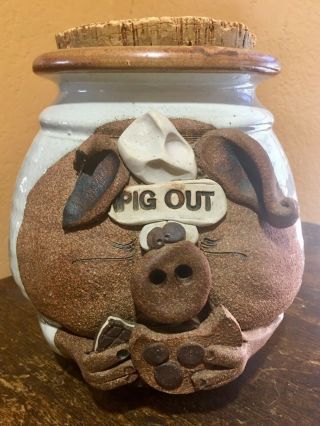 Vintage Pig Out Signed Mahon Hand Made Stoneware Pottery Funny Face Cookie Jar