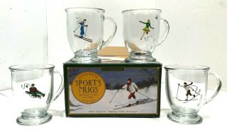 Williams Sonoma Vintage Winter Sports Set Of 4 Glass Mug 4 7/8 " X 3 3/4 "