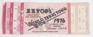Zz Top Ticket Stub November 28,  1976 Tarrant Convention Center Fort Worth Tx Flr