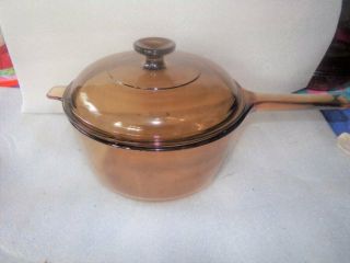 Vintage Corning Pyrex Vision Ware 2.  5 L Amber Glass Pot Sauce Pan Lid