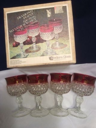 Vtg Indiana Glass Goblets Set/4 Diamond Point Crystal Ruby Band 1896 Orig Box G8
