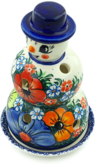 Polish Pottery Snowman Candle Holder 7 " Summertime Blues Unikat