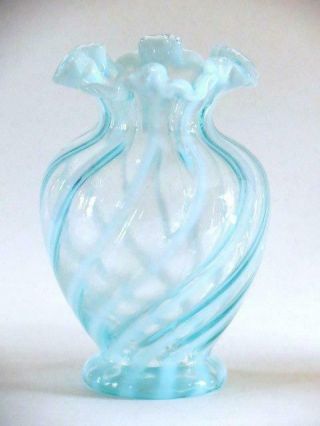 Fenton Blue Opalescent Spiral Optic Vase Logo