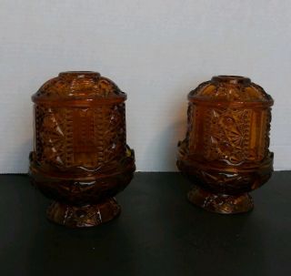 Set Of Two Vintage Indiana Glass Amber " Stars And Bars " Fairy Candle Lamps 4 Pc.
