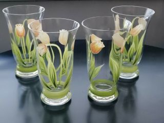 See 4 Princess House Cottage Tulip Hand Painted Footed Glass Tumblers 16 Oz C115