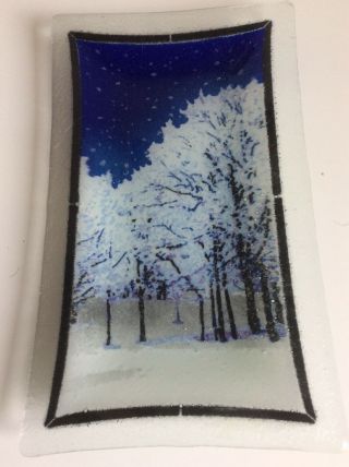 Retired Peggy Karr Fused Glass 10” Snow Trees Plate Etched Signed Dated