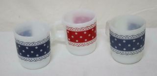 3 Vintage Anchor Hocking Fire King Polka Dot Lace Stackable Mugs Cups Red Blue