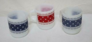 3 Vintage Anchor Hocking Fire King Polka Dot Lace Stackable Mugs Cups Red Blue 2