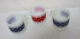 3 Vintage Anchor Hocking Fire King Polka Dot Lace Stackable Mugs Cups Red Blue 3