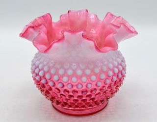 Vintage Fenton Cranberry Opalescent Glass Ruffled Vase - Hobnail Pattern
