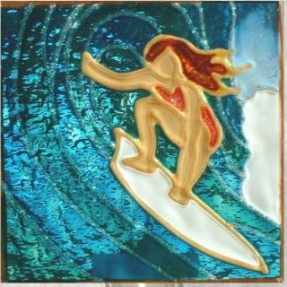 Surfer Girl Night Light Wall Plug In Stained Art Glass Wave Beach Coastal Gift
